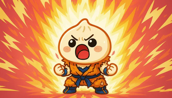 The Bun mascot, powered up like a Super Saiyan