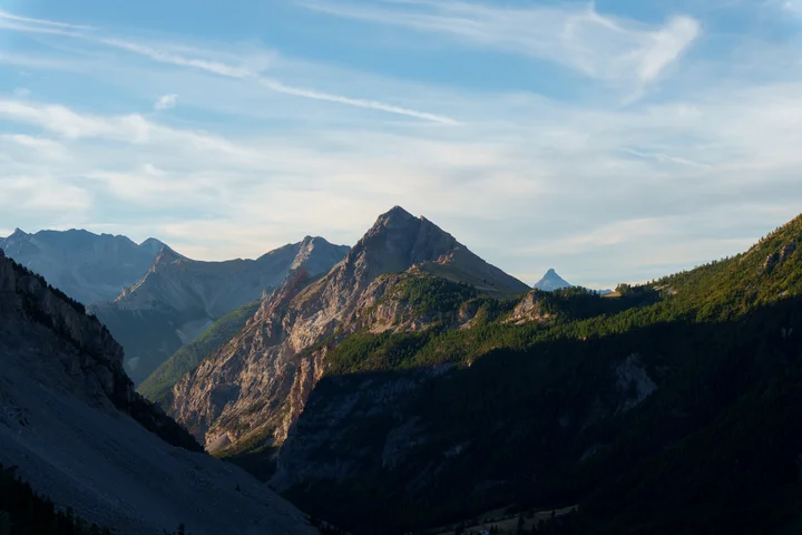 First light catching the top of a mountain ridge at dawn while the valley below is still deep in shadow, with pine forest along the slopes