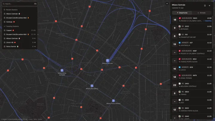 Rail Radar's map of live European train positions