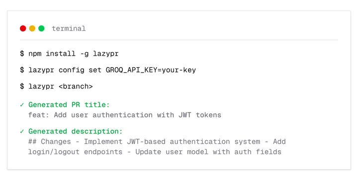 A terminal running lazypr, printing a generated PR title