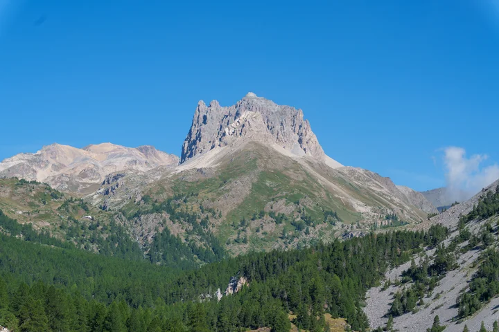 A rocky Alpine peak rising above pine forest and green slopes under a clear blue sky, with a small mountain hut visible among the trees below