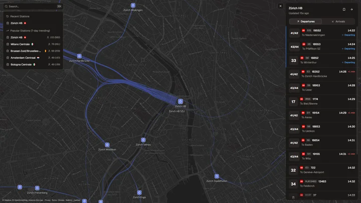 The redesigned Rail Radar interface centered on Zürich, with popular stations, railway lines, and the Zürich HB departure board