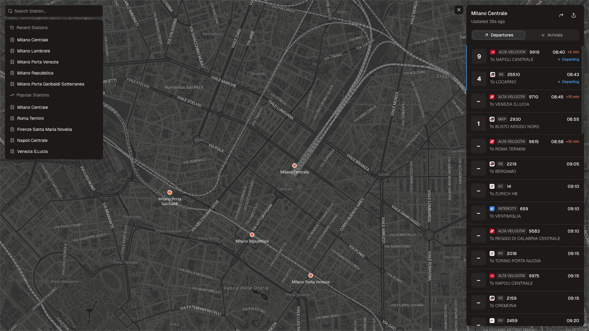 Rail Radar home page showing interactive map of Italian railway stations